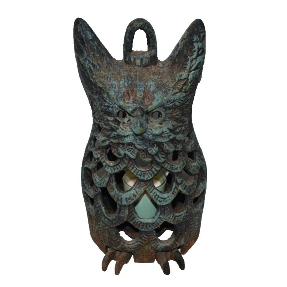 Vtg Art Cast Iron Owl Lantern Garden Hanging Candle Holder Porch Figurine